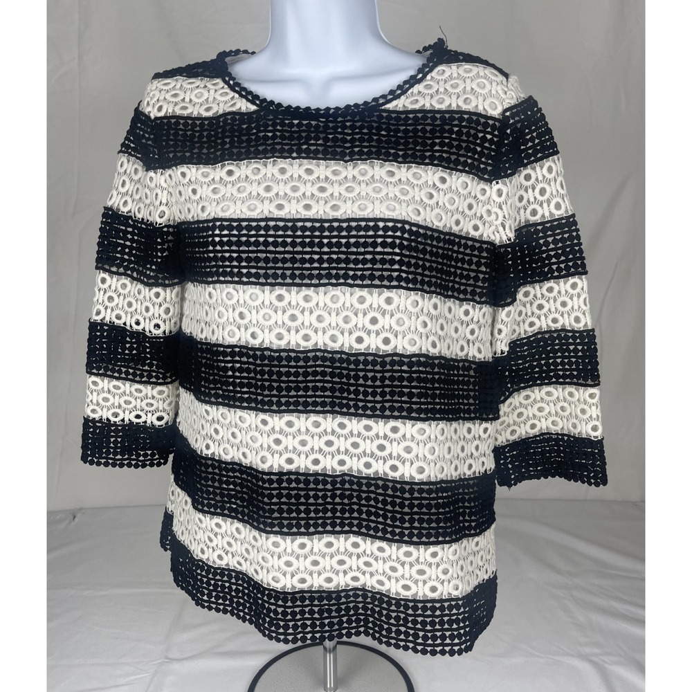 TALBOTS PETITES SP BLACK WHITE‎ LACE CROCHET STRIPED BLOUSE 3/4 SLEEVE LINED TOP